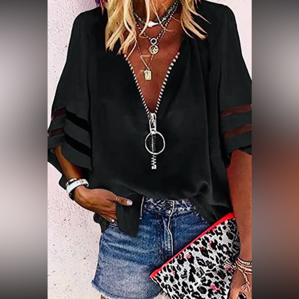 Boutique Black Contrast Mesh Bell Sleeve Zip Front Chiffon Top – Size S | NWT